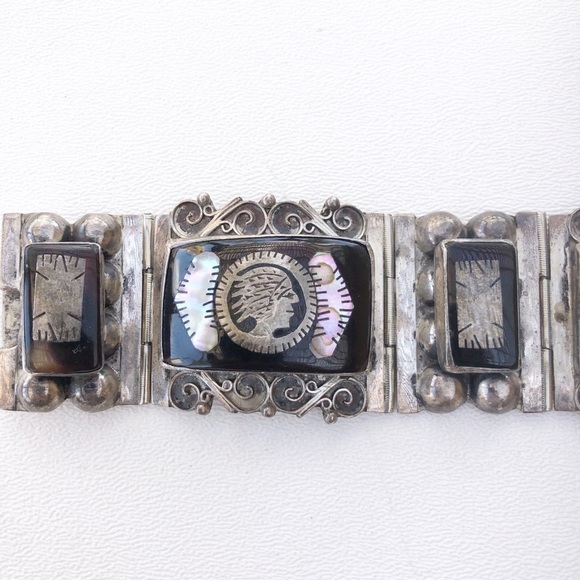 Vintage Mexico Sterling Inlay Panel Bracelet - Picture 7 of 11